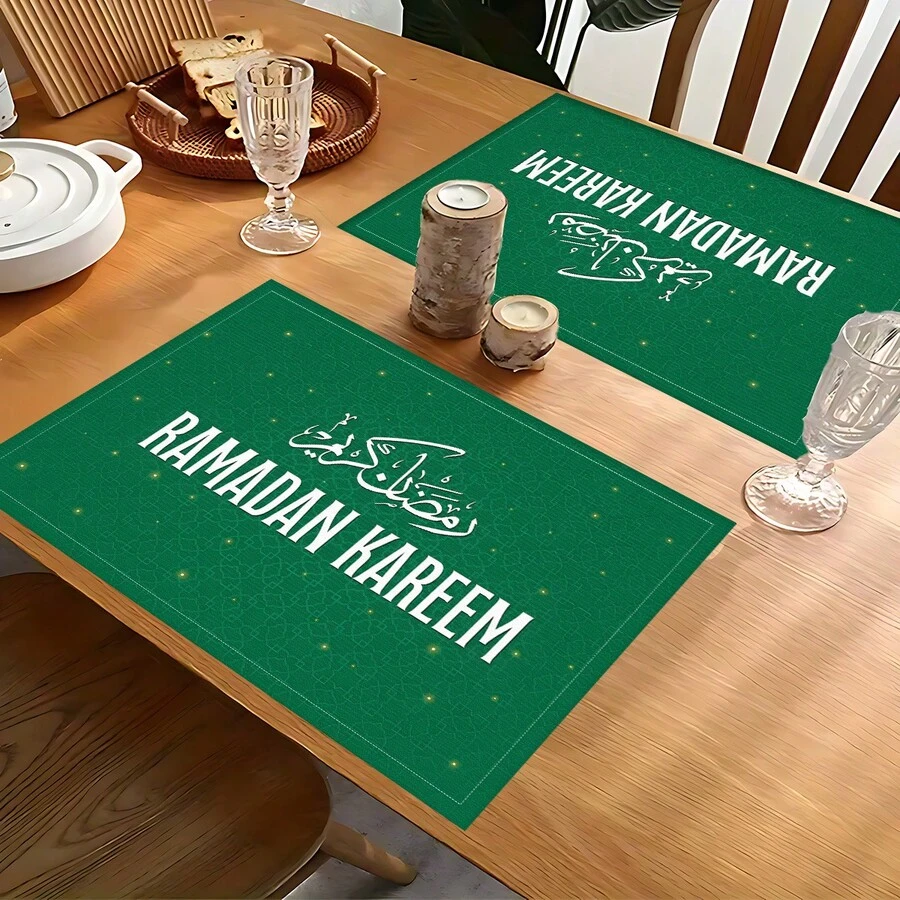 1pc/4pcs/6pcs Arabic Calligraphy & Plaid Pattern Linen Placemats, Ramadan Blessings, Ramadan Gifts, Ramadan Decor, Islamic Holiday Decoration, Suitable For Dining Table, All Seasons, Washable, Home Decor, Table Mats, Coasters, Kitchen Dining Mats, Indoor Outdoor Party Decoration, Ideal Gift - Multicolor - View 1