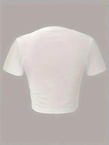 Y2k Style Womens Fit Crop Shirt White Short Sleeve Top With   Print Round Neck Casual Summer Tee Washable Ladies Shirts Casual Attire Offshoulder Fashion Sleek Fabric - trắng - Xem 2