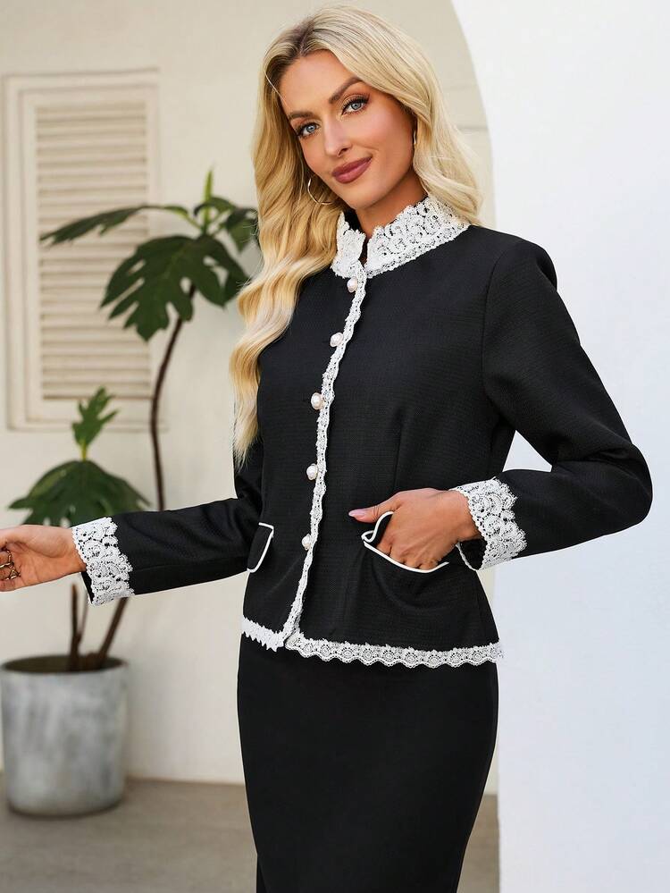 Women's Elegant Black Contrast Color Jacket, Decorated With Contrast Lace Trim, Pearl Button Front And Stand-Up Collar, With Pockets, Long-Sleeved Short Coat - Black - View 4