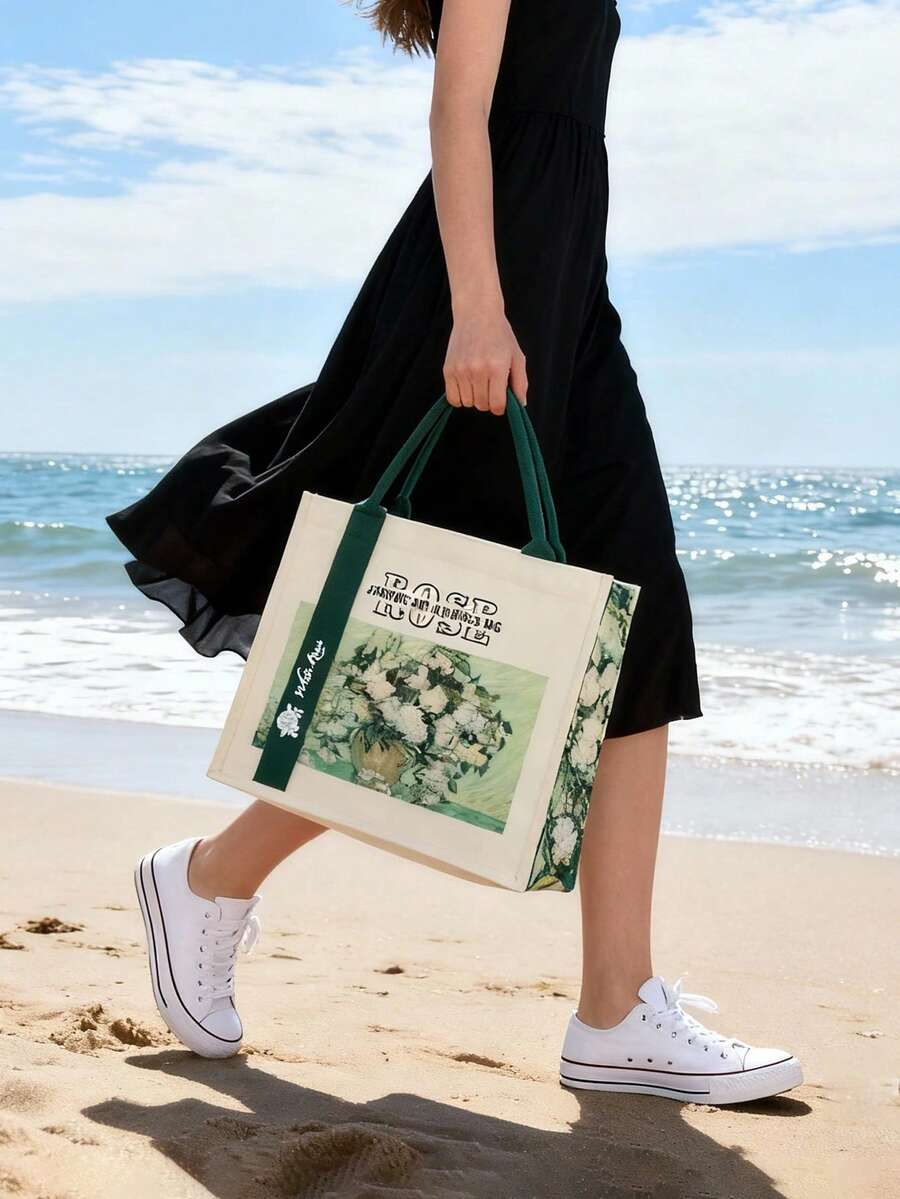 Vintage Floral Print Tote Bag, White Rose Flower Handbag, Foldable Large Capacity Thick Mommy/Student Bag, Casual Travel Beach Bag, Storage Pouch, Student Backpack, Suitable For Daily Use, Commuting, Shopping, Business Travel, Also Can Be Used As Back To School Backpack, Pencil Case Or Shopping Bag. - Multicolor - View 1