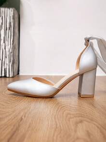 时尚系带优雅粗跟尖头镂空高跟鞋，适合夏秋穿着 - 銀色 - 查看 15