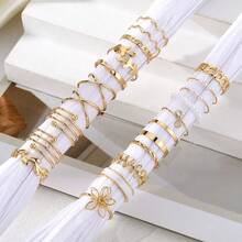 21件套女士可调节戒指套装 - 可叠戴金色水钻珍珠/链条/几何图案多款时尚指环饰品，适合日常和派对装扮 - 彩色 - 查看 6