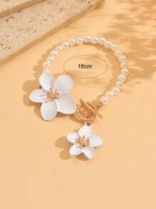 1pc Elegant Faux Pearl Glazed Floral Chain Bracelet, Simple & Versatile Gold-Tone Metal Bracelet Suitable For Daily Wear, Decoration, Outings And Photo Shoots - Multicolor - View 4