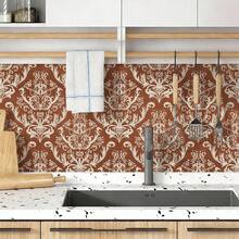 1卷欧式复古红色乙烯基自粘壁纸，时尚优雅风格，PET无缝可剥离接触纸，防水防潮墙面保护膜，易于粘贴和移除，经久耐用，适用于厨房、餐厅、卧室、客厅、电视墙、橱柜和家具翻新、出租房装饰，直纹对花，尺寸为17.32x118.11/196.85/393.7英寸 - 彩色 - 查看 7