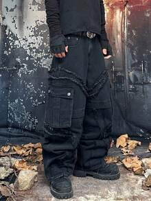 1 chiếc quần jean nam phong cách thành thị cổ điển, chất liệu denim rách, dáng rộng, nhiều túi, thích hợp mặc thường ngày, nhiều size (không bao gồm thắt lưng và phụ kiện) - màu đen - Xem 4