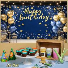 1 peça, banner plano 2D azul marinho com a frase "Feliz Aniversário", feito de tecido de poliéster, com estrelas e decorações de presentes. Ideal para decoração de festas de aniversário, comemorações de aniversário, festas de fim de ano, fundos de festa, presentes de maioridade, despedidas de solteiro(a), decoração de mesa de bolo, decoração de parede, decoração de casa/quarto/ambientes internos/externos, adereços para fundo fotográfico, tecido para fundo de aniversário, artigos/presentes para decoração de festas. - Multicolorido - Ver 5