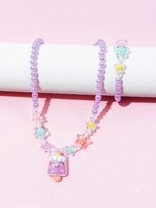 Set de 2 piezas de collar con colgante de unicornio y pulsera con cuentas, diseño lindo para niñas, adecuado para fiestas, regalos de cumpleaños y uso diario - Multicolor - Ver 3