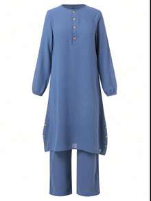 Women's Solid Color Button Half-Placket Long Sleeve Top And Pants Arabic Style Set, Modest - Blue - View 2