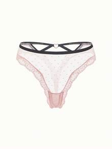 Bonmuse Lace & Mesh See-Through Low-Rise Thong Panties With Hollow Out Design Sexy Lingerie - Pink - View 1