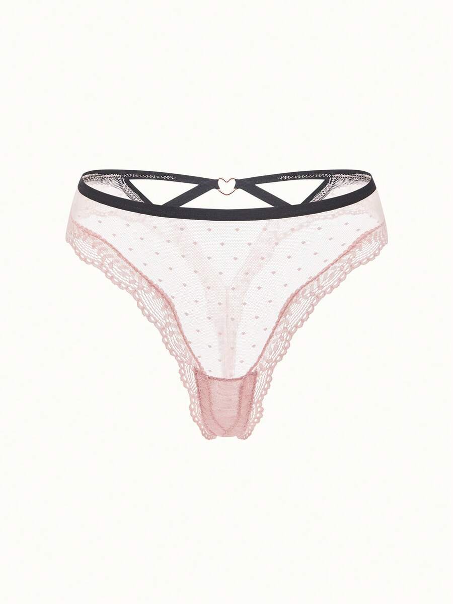 Bonmuse Lace & Mesh See-Through Low-Rise Thong Panties With Hollow Out Design Sexy Lingerie - Pink - View 1