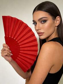 1pc Plain Plastic Folding Hand Fan, Suitable For Parties, Banquets, Weddings As Accessory - Red - View 1