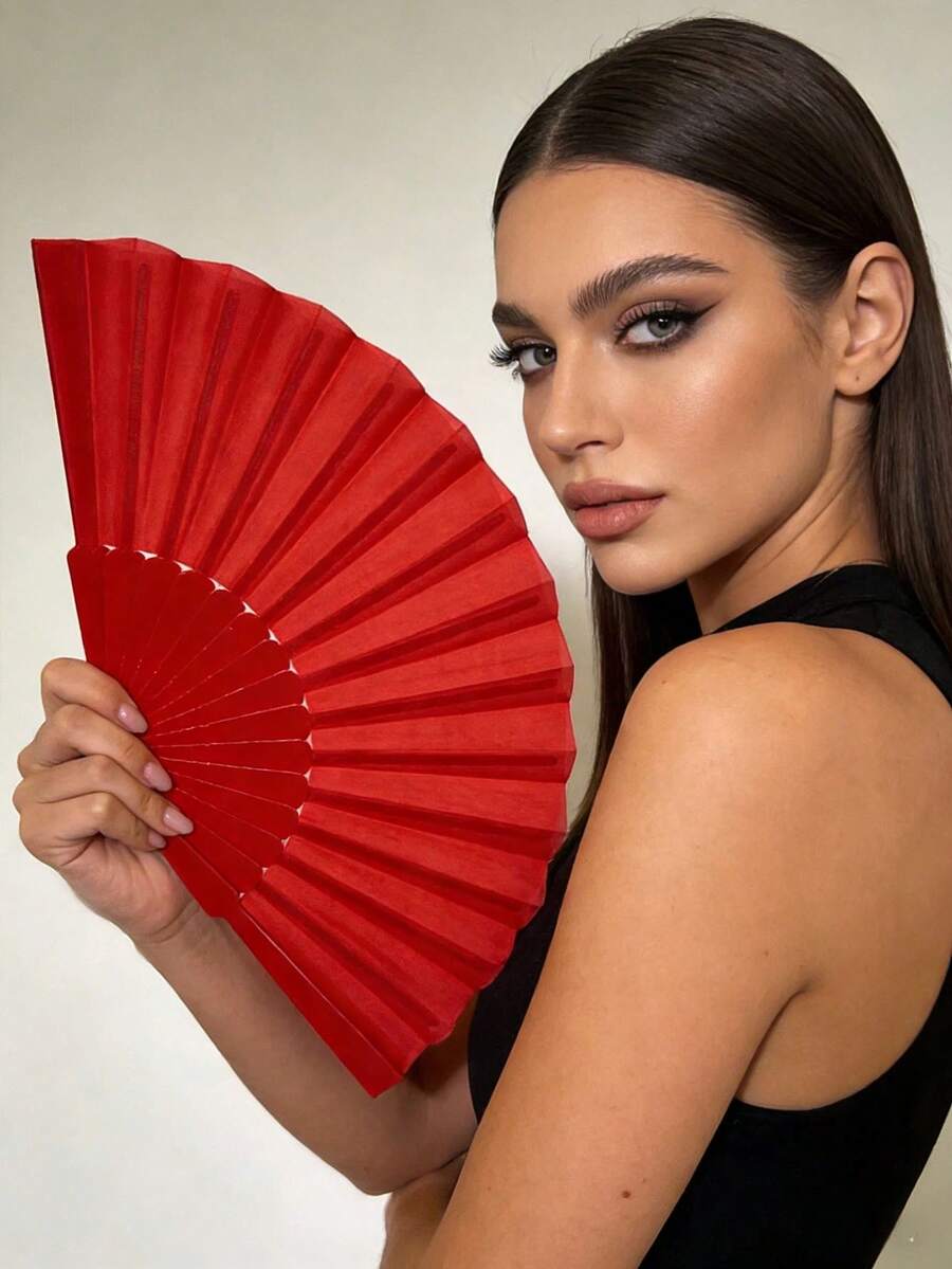 1pc Plain Plastic Folding Hand Fan, Suitable For Parties, Banquets, Weddings As Accessory - Red - View 1