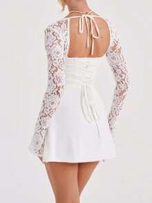 Women Mini Dress Long Sleeve Backless Low-Cut Tie-Up Lace Patchwork Cocktail Dress A-Line Dress - 白色1 - 查看 5