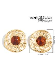 1对复古金属不对称几何圆形耳环，奢华几何树脂宝石耳钉，女士日常派对和节日装饰首饰 - 金黃色 - 查看 5