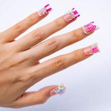 Sugar Burn Duck Tip Press On Nails, Handmade Pink Flame Nails, Ice Cream Charms, Stars, Rhinestones, Sweet Y2K Glam Summer - Pink - View 4