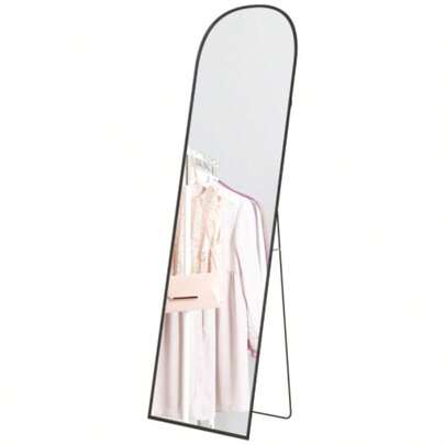 Curved Freestanding Mirror 169 X 49 Cm, Shatterproof Glass And Aluminium Frame, Wall Mirror To Place On A Surface Or Freestanding, Ideal For The Living Room, Bedroom Or Hallway, Black.