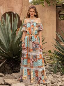 Faeriesty 优雅女士露肩拼接长款连衣裙：波西米亚风印花连衣裙，泡泡袖，荷叶边下摆，收腰设计，轻盈蕾丝饰边——完美适用于花园婚礼、新娘写真、私奔、浪漫之旅、波西米亚主题夏季活动 - 彩色 - 查看 4