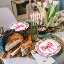 50pcs Pink Bow Birthday Party Themed Disposable Tableware Set, Includes Disposable Plates, Napkins, And Paper Cups , Perfect For Music Festival, New Year's Celebrations,Back-To-School Celebrations - Multicolor - View 6