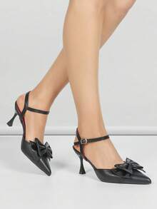 Women's Retro Romantic Bow Pointed Toe Stiletto High Heel Shoes, Elegant Office/Date/Party Versatile Pumps, Suitable For Valentine's Day - Black - View 4