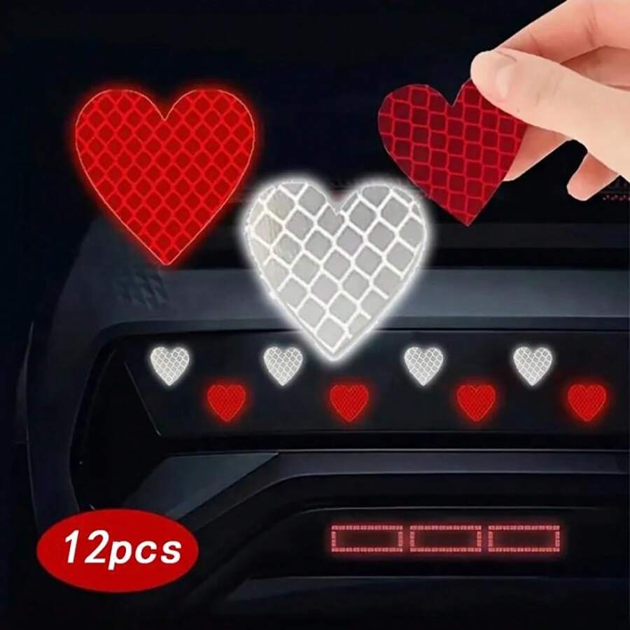 12pcs Reflective Heart-Shaped Car Stickers, High Intensity Reflective Safety Decals For Bumper, Windows, Laptops, Anti-Scratch Protection Film - Love - View 1