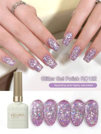  XEIJAYI 1Pc 15ml Purple Glitter Gel Nail Polish - Long-Lasting Shine, High Saturated Gloss Firm And Long-Lasting Nail Art Gel For Salon Nail DIY Women's Gifts