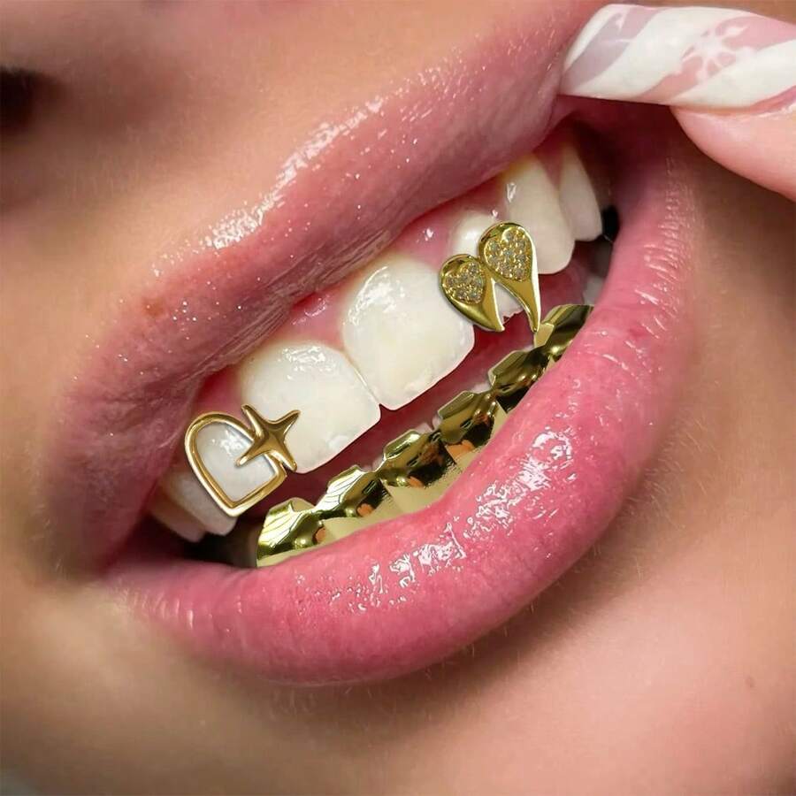 1 Set Personalized Micro-Inlaid Zirconia Heart & Teardrop Hollow Star Dental Grillz, Flat Teeth Grill, Unisex Daily Wear