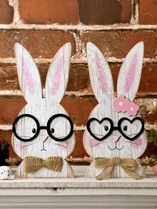 两件套复活节木制兔子装饰摆件，每只兔子都戴着时尚眼镜。采用耐用优质木材制成，表面涂层持久亮丽。适用于节日装饰、复活节装饰、壁炉架摆件、桌面摆件、复活节彩蛋游戏和春季家居装饰。 - 彩色 - 查看 5