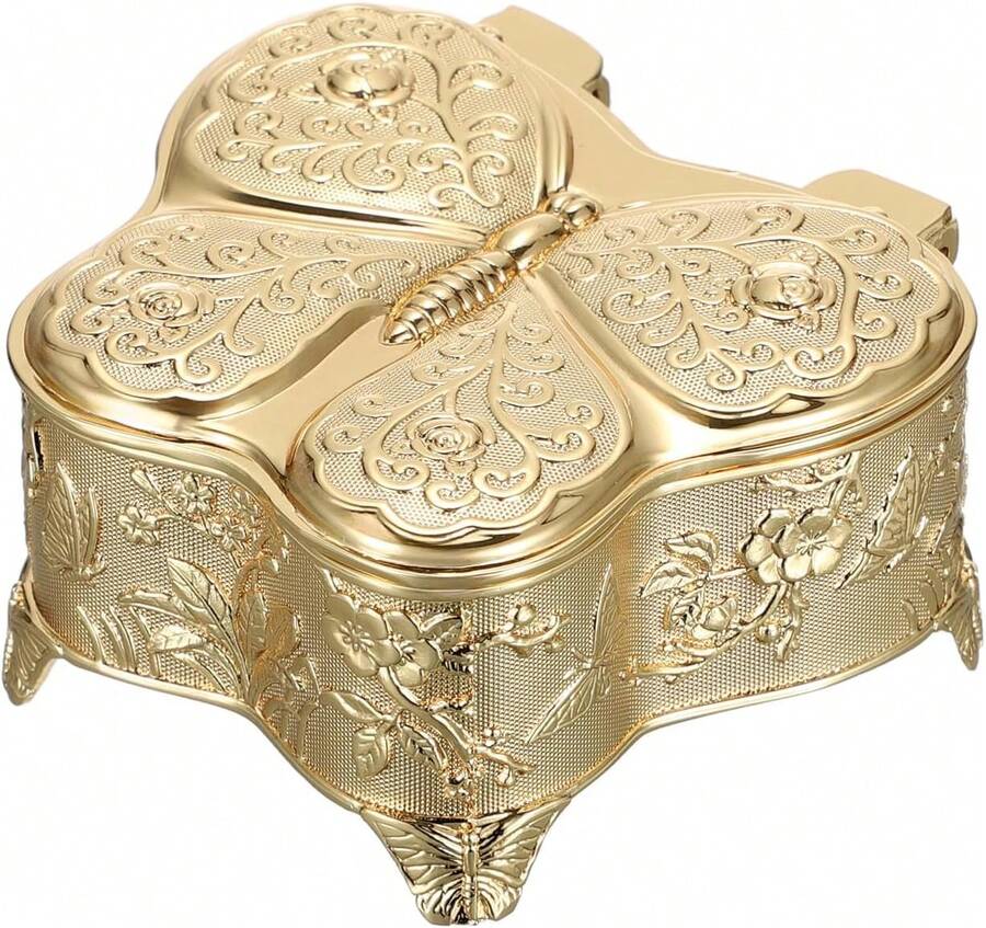Butterfly Trinket Box Vintage Style Jewelry Storage Treasure Chest - Gold - View 1
