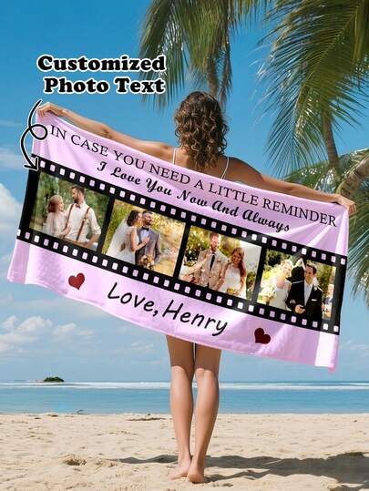 Customized Photo And Name Beach Scarf, Movie Theme Wedding Customized Towel, Adult Pool Towel, Holiday Gift, Beach Towel, Wedding Anniversary Gift, Valentine's Day, Birthday Gift, Friend/Couple/Family/Pet, Adult Pool Towel, Holiday Gift, Beach Towel, Car Accessories, Summer Travel, Summer Essentials, Beach, Swimming Pool, Bathing Essentials