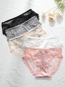 5条装女士透气蕾丝蝴蝶结装饰三角裤，如黄油般柔软弹力，无缝日常内裤，尺码S-XL - 彩色 - 查看 6