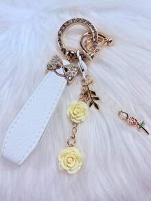 Crystal Bow Flower Keychain Pendant, Luxury Women's Car Key Accessory, Elegant PU Leather Fashion Keyring Gift - Keychain - View 8