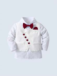 BOARNSEORL 三件套男童绅士西装套装：白色衬衫配领结、马甲和裤子，时尚有型，适合生日派对、婚礼、庆典、洗礼、节日等场合。 - 酒紅色 - 查看 9