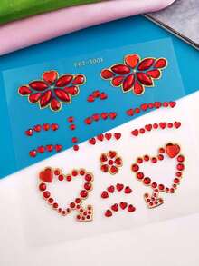 1张浪漫红色爱心花朵闪亮水钻DIY面部贴片，自粘式面部宝石，适用于情人节约会、婚礼妆容和浪漫派对，可重复使用，闪亮面部水钻，适合女性和DIY美妆爱好者。 - 彩色 - 查看 5