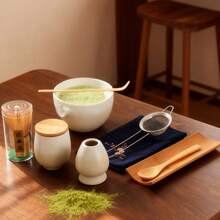 MYVIT 9件套抹茶茶具，包括日式陶瓷抹茶碗、抹茶筅、竹制抹茶筅架、勺子、茶叶罐、竹制托盘，手工抹茶仪式套装，礼盒包装，适合送礼、节日，可重复使用，日常必备 - 白色 - 查看 9