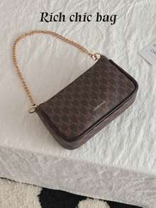 In 2024, The New Fashion Classic Joker Pu Waterproof Fabric Letter Pattern Printing Design Metal Chain Decoration Design Baguette Bag Shoulder Bag Is Suitable For Shopping.