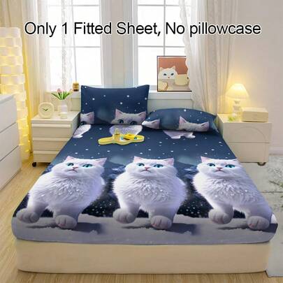 1件装透气柔软床笠，可爱白猫图案，适用于卧室、客房和宿舍，床垫保护套，床上用品罩（不含枕套）