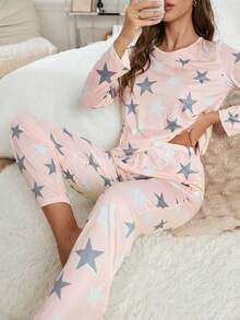 2pcs/Set Women Casual Comfortable Long Sleeve Pajama Set With Star Print, Pink - Multicolor - View 4