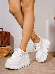 女士系带厚底方头坡跟休闲网面运动鞋 - 白色 - 查看 7