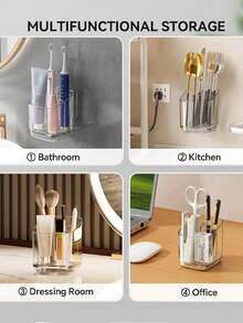 حامل فرشاة أسنان شفاف قطعة واحدة، رف تخزين جداري مقسم، منظم حمام بدون ثقب إبداعي، يمكن تخزين فرشاة الأسنان والمشط والحلاقة، ديكور حمام المنزل - شفاف - مشاهدة 4