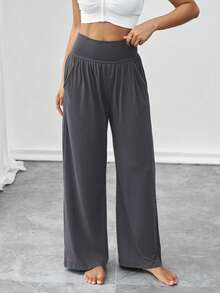 1 قطعة بنطلون نسائي ذو خصر عالي فضفاض واسع الساق، مريح ناعم للياقة البدنية داخل المنزل والرياضة اليوغا والمشي والتنزه في الهواء الطلق، جيب جانبي، مناسب للخريف والشتاء - رمادي غامق - مشاهدة 5