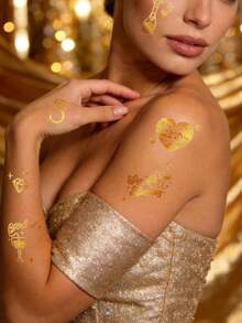 2张闪光箔金婚礼临时纹身贴纸 - 钻石心形戒指字母星星设计，适合情侣订婚派对，Y2K风格 - 金色 - 查看 7