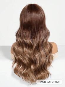 1 pieza Peluca de mujer con ondas y flequillo de color marrón, cabello sintético rizado de 26 pulgadas de largo, fibra resistente a altas temperaturas, gorro de red de rosa, para uso diario y de fiesta - Marrón - Ver 9