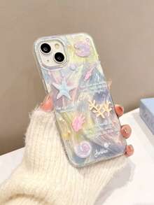 1pc Silver Feather Texture Marine Element Seaweed Starfish Minimalist TPU Shockproof Phone Case Cover For IPhone 11/12/13/14/15/16/17/Pro Max - Silver - View 4