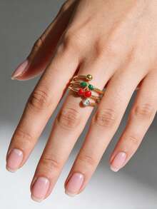 Mazuer 1 Peça Anel de Aço Inoxidável Banhado a Ouro 18K com Design Elegante de Cereja Multicamadas e Cristais, Presente de Joias para Mulheres, Adequado para Encontros e Uso Diário - Cereja 1243 - Visão 7