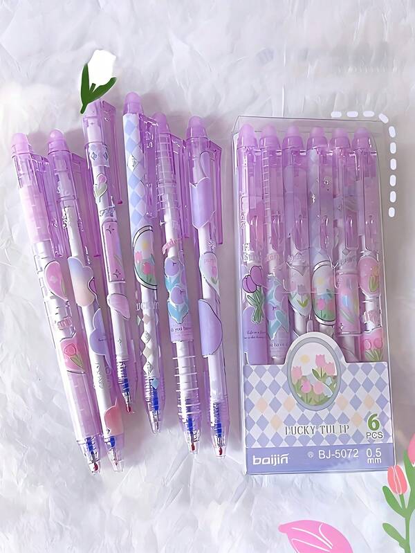 6pcs/Set Purple Tulip Erasable Gel Pens With Cute Erasers, Essential Stationery For Students, Girls, Office And School, Back To School Supplies