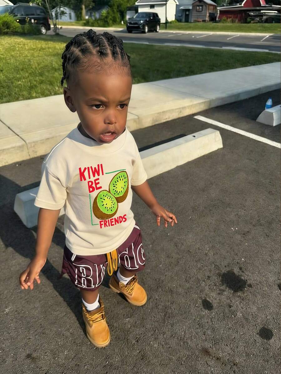 1pc Infant/Toddler Boys' Creative Cartoon Graphic Letter Slogan Print Basic Crew Neck Short Sleeve T-Shirt, Casual & Fashionable - Apricot - View 1