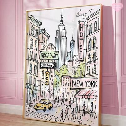 1 stuk moderne New York City kunstposter, New York poster, Parijs kunstposter, vrouwelijke wanddecoratie, stadsprint, esthetische wandkunst, roze wanddecoratie, slaapkamerdecoratie, woonkamerdecoratie, kantoordecoratie, studentenkamerdecoratie, wanddecoratie, huisdecoratie, kamerdecoratie, canvas wandkunst, poster
