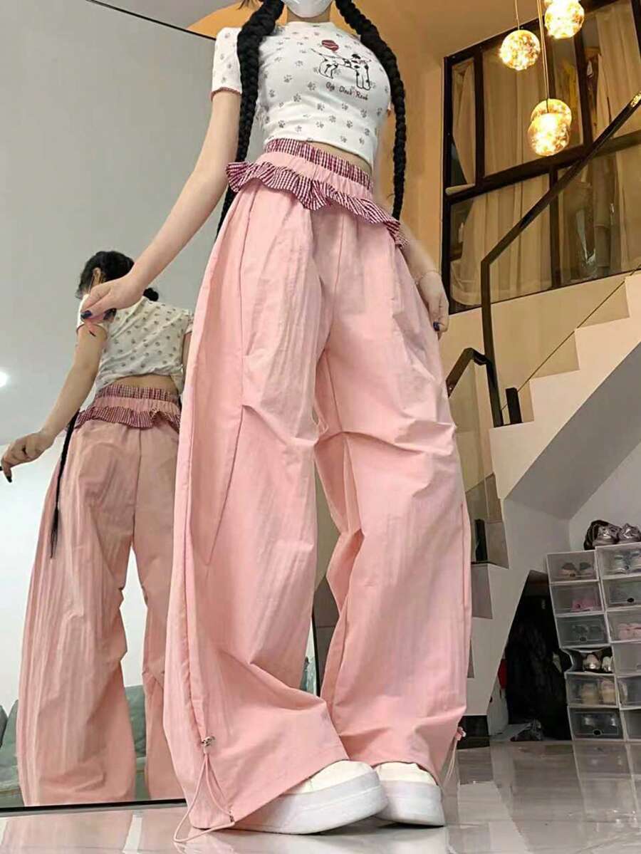 Women's Pleated Loose Casual Dopamine Plaid Wide Leg Pants - Pink - View 1