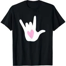 ASL I Love You Sign Language Hand Symbol With Pink Heart T-Shirt - Black - View 1