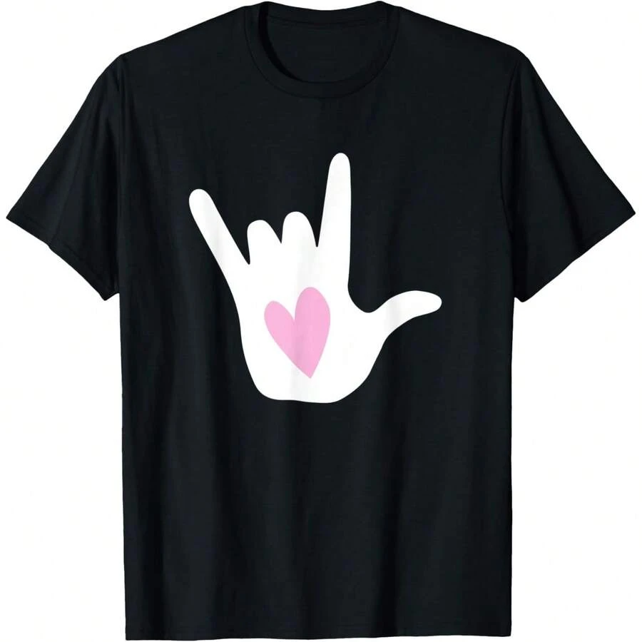 ASL I Love You Sign Language Hand Symbol With Pink Heart T-Shirt - Black - View 1